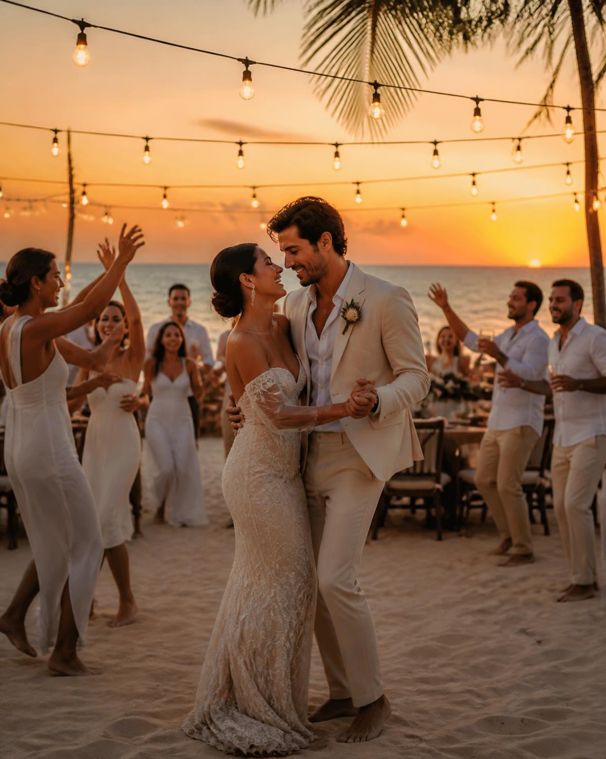 Destination beach wedding first dance at sunset with string lights